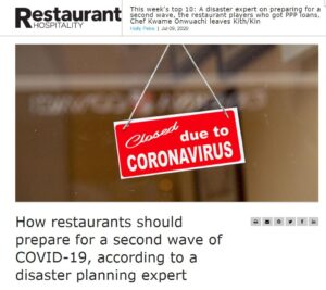 How restaurants should prepare for a second wave of COVID-19, according to a disaster planning expert
